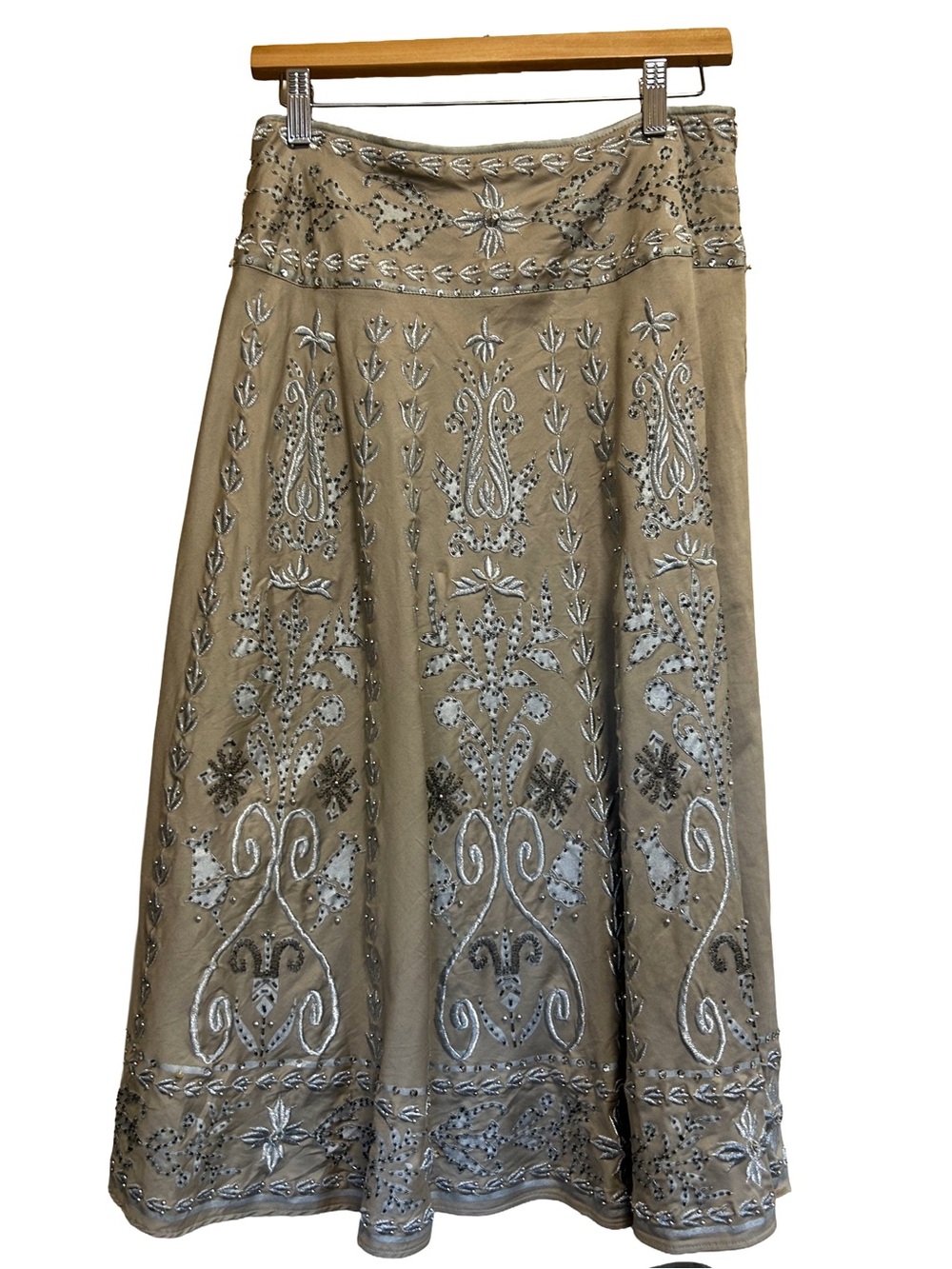 Anthropologie Basil & Maude Beaded Boho Midi Skirt  - Silver/Tan